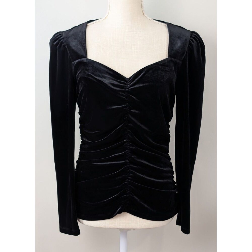 Pyramid Collection Womens Velvet Top Small Sweetheart Neckline Ruched Black NWOT